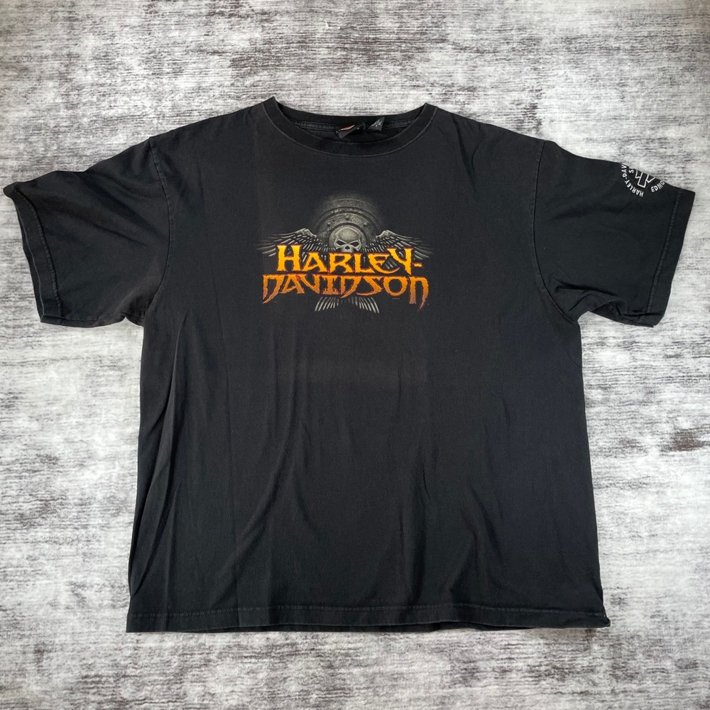 Harley-Davidson Mens XL Black Skull Wings Graphic Tee Edmond OK World Shop Shirt
